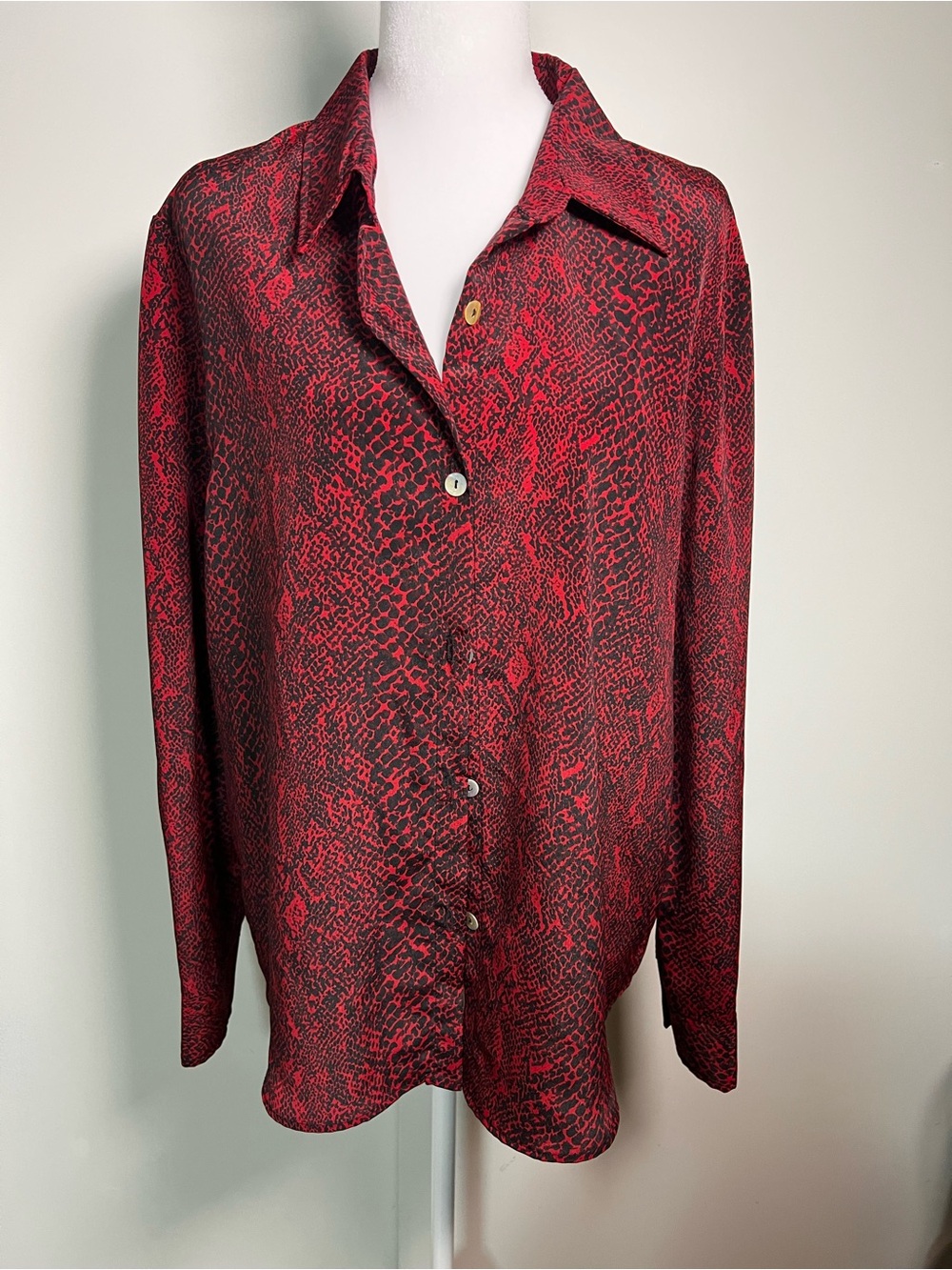 Red Snake-Print Button-Down Blouse